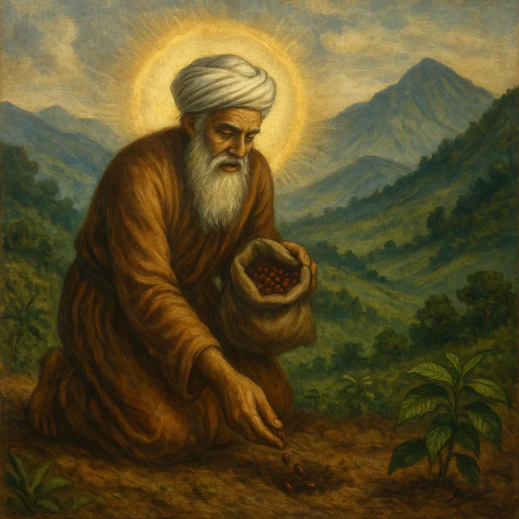 AI-generated interpretation of Baba Budan in the Indian coffee-origin tradition